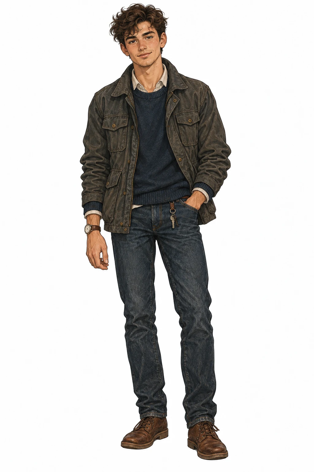 Alex in his dark grey field jacket, one hand in the pocket