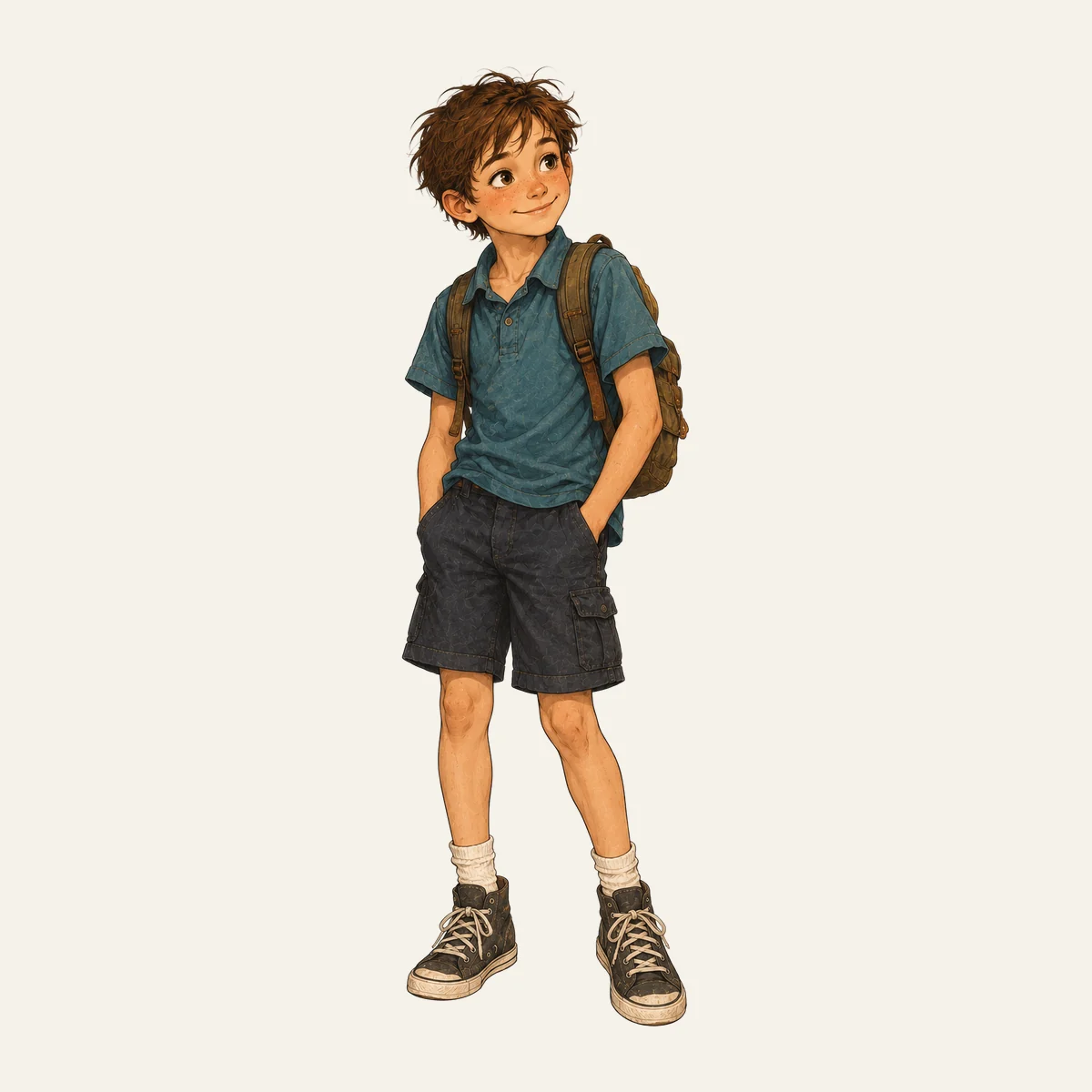 Christian in petrolfarbenem Polo und Cargo-Shorts, die Hände in den Taschen