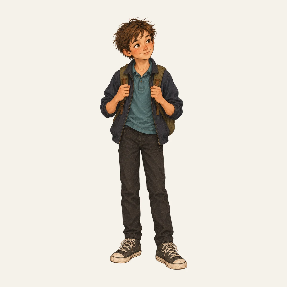 Christian standing relaxed with his thumbs hooked under his backpack straps, wearing a teal polo, navy jacket, long dark pants and gray sneakers