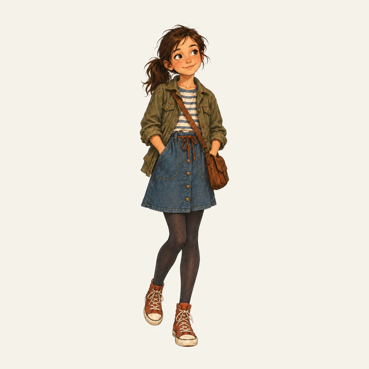 Daria in Olivjacke, Streifenshirt und Jeansrock, die Hände in den Jackentaschen