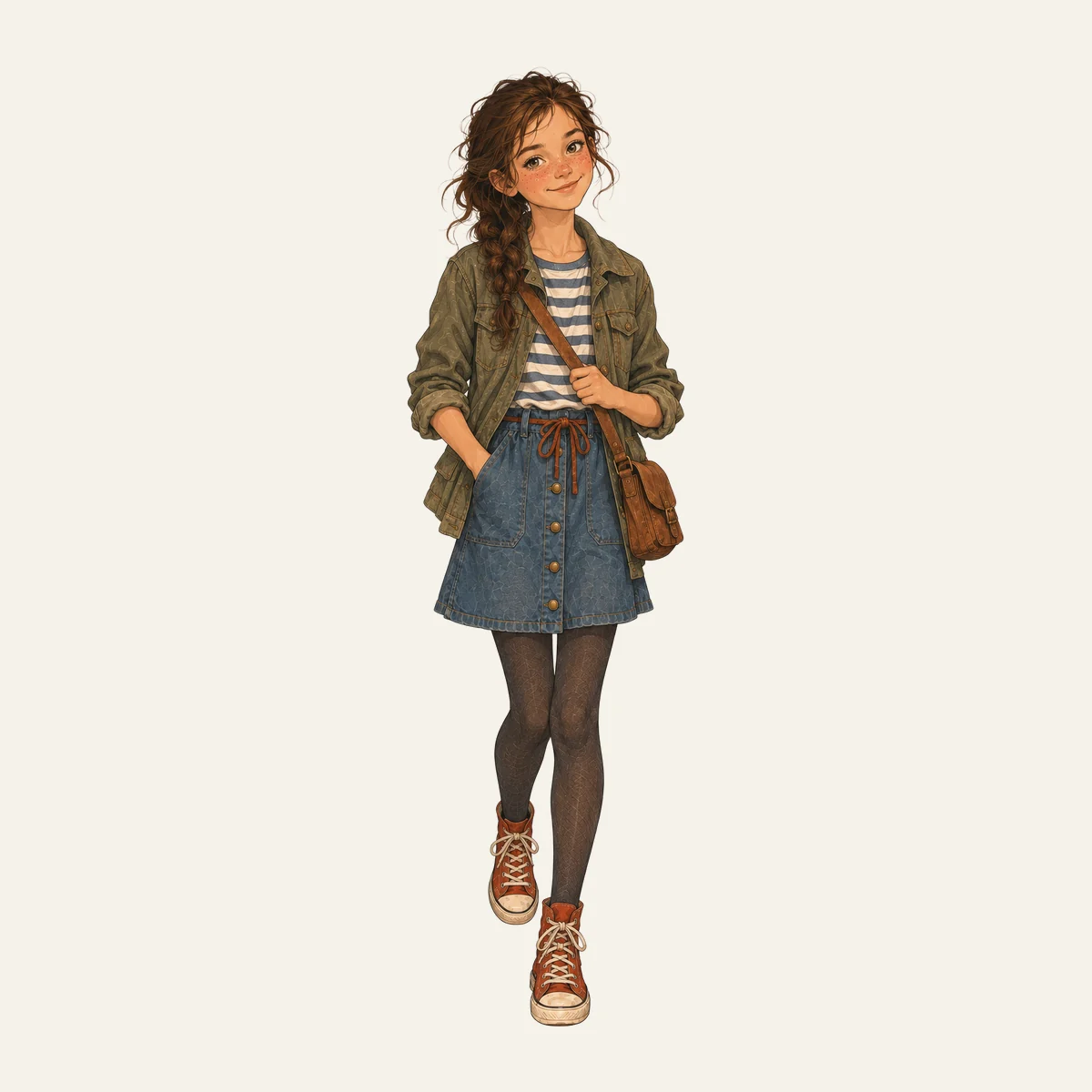 Daria walking with her hands in the pockets of her olive jacket, wearing a striped shirt, denim skirt, dark tights, rust-red sneakers and a small leather bag