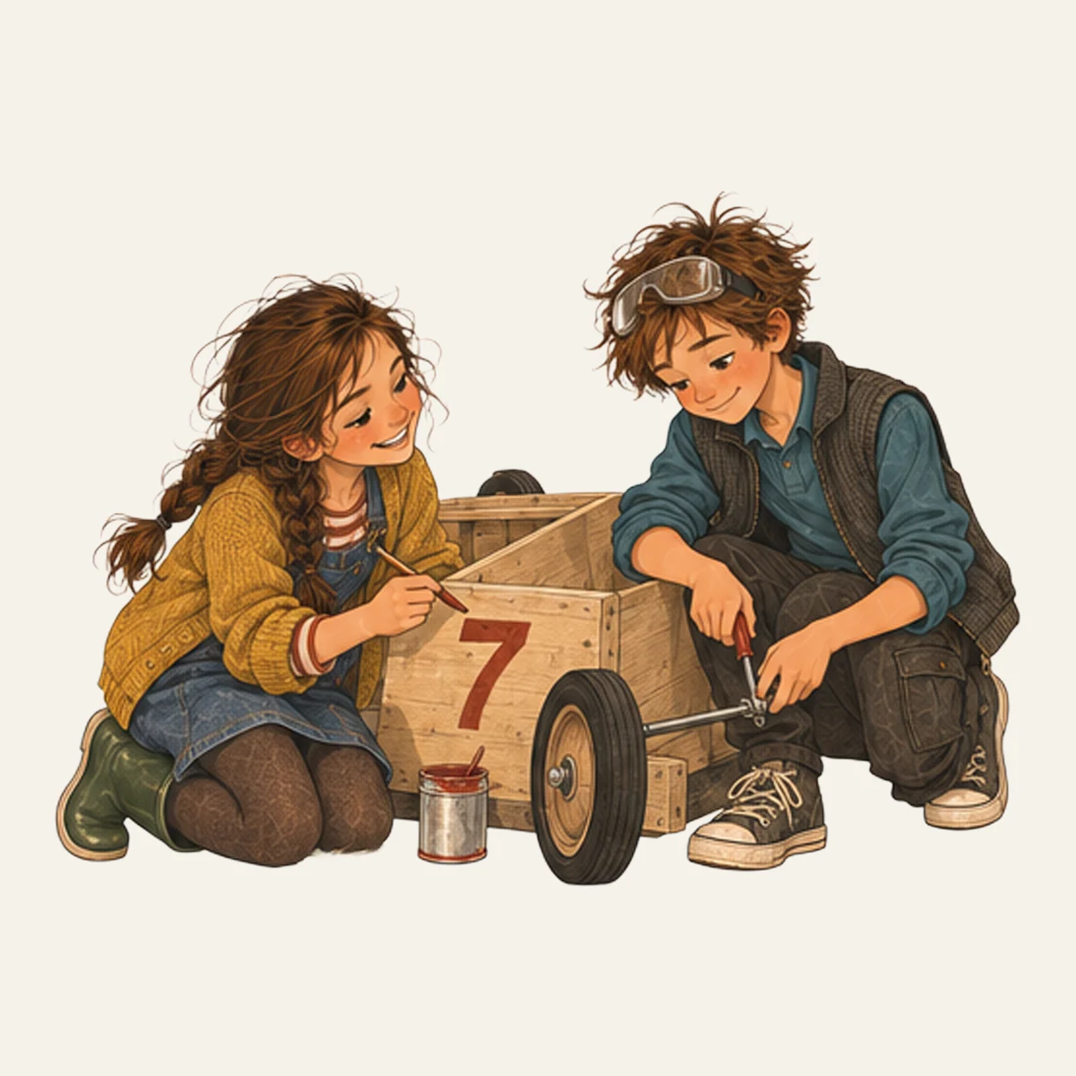 Daria und Christian bauen an der Seifenkiste mit der Nummer sieben