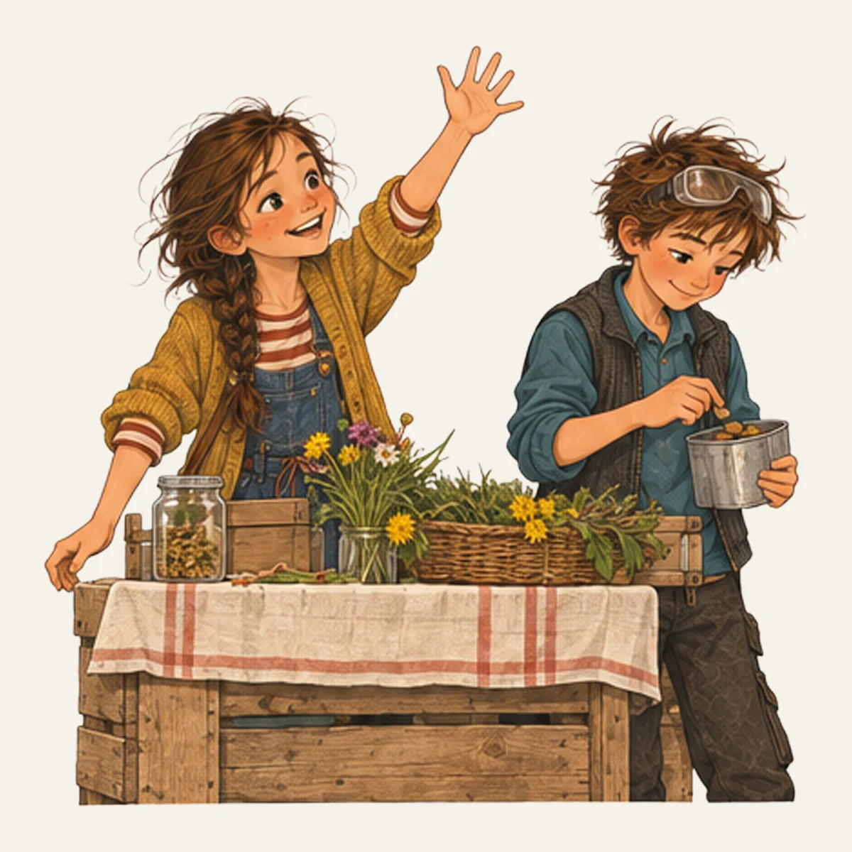 Daria and Christian at their stand, Daria waving