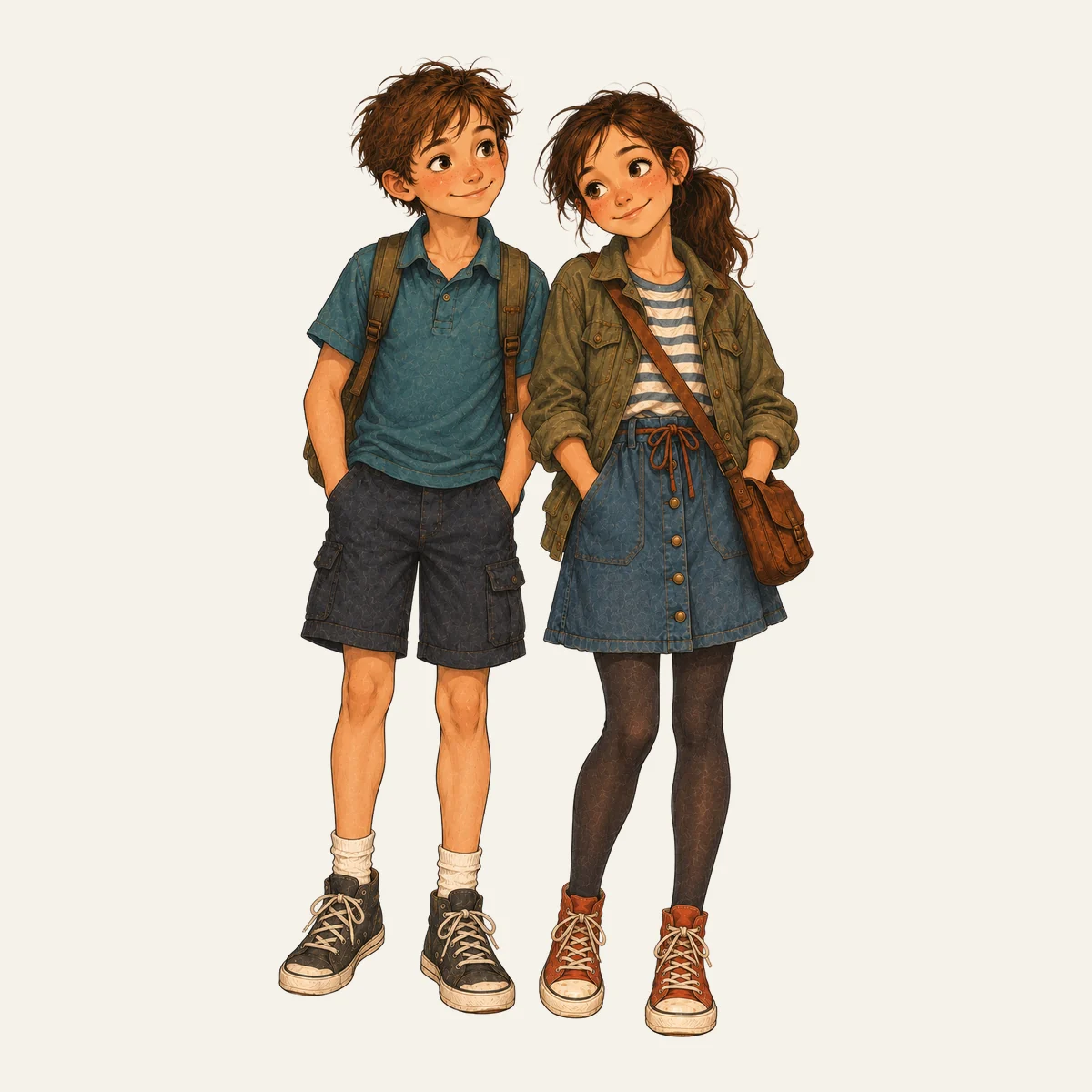 Daria und Christian stehen nebeneinander, Hände in den Taschen, und lächeln sich an