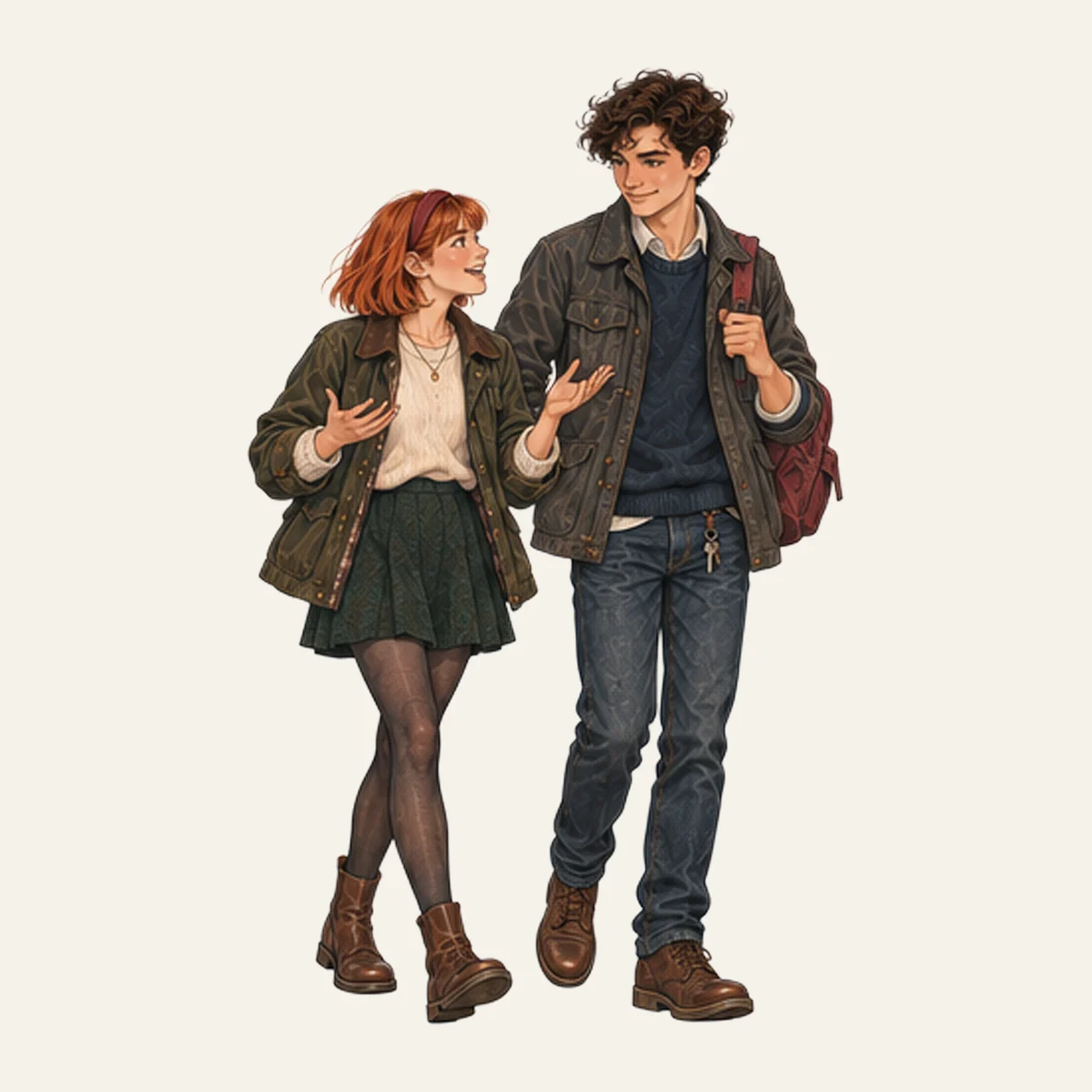 Nora and Alex on the way to school in fall: she talks, he carries the bag
