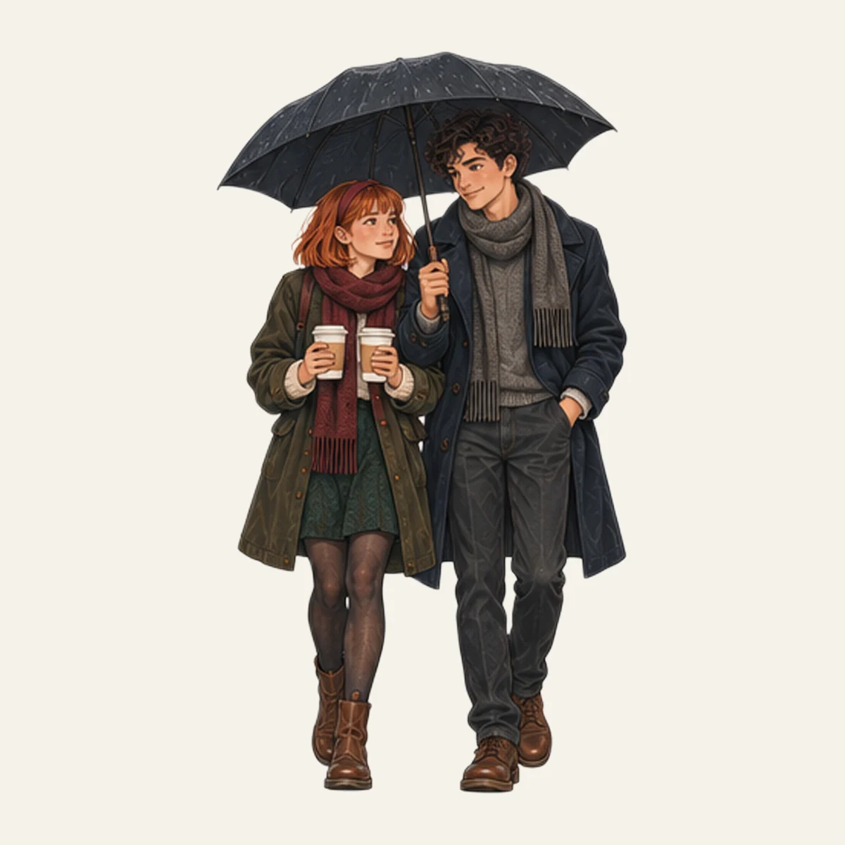 One umbrella, two coffees. Nobody says anything. Both know why.