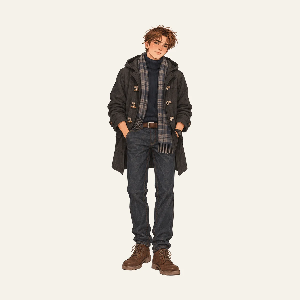 Leo: Coat and scarf. Looks older than I am.