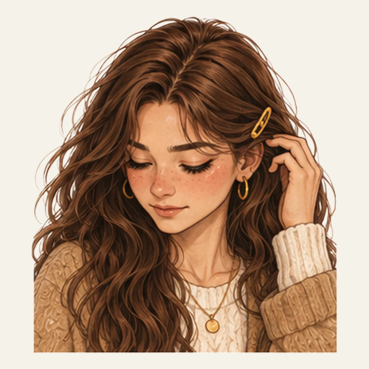 Mila tucking a strand of hair behind her ear, lost in thought