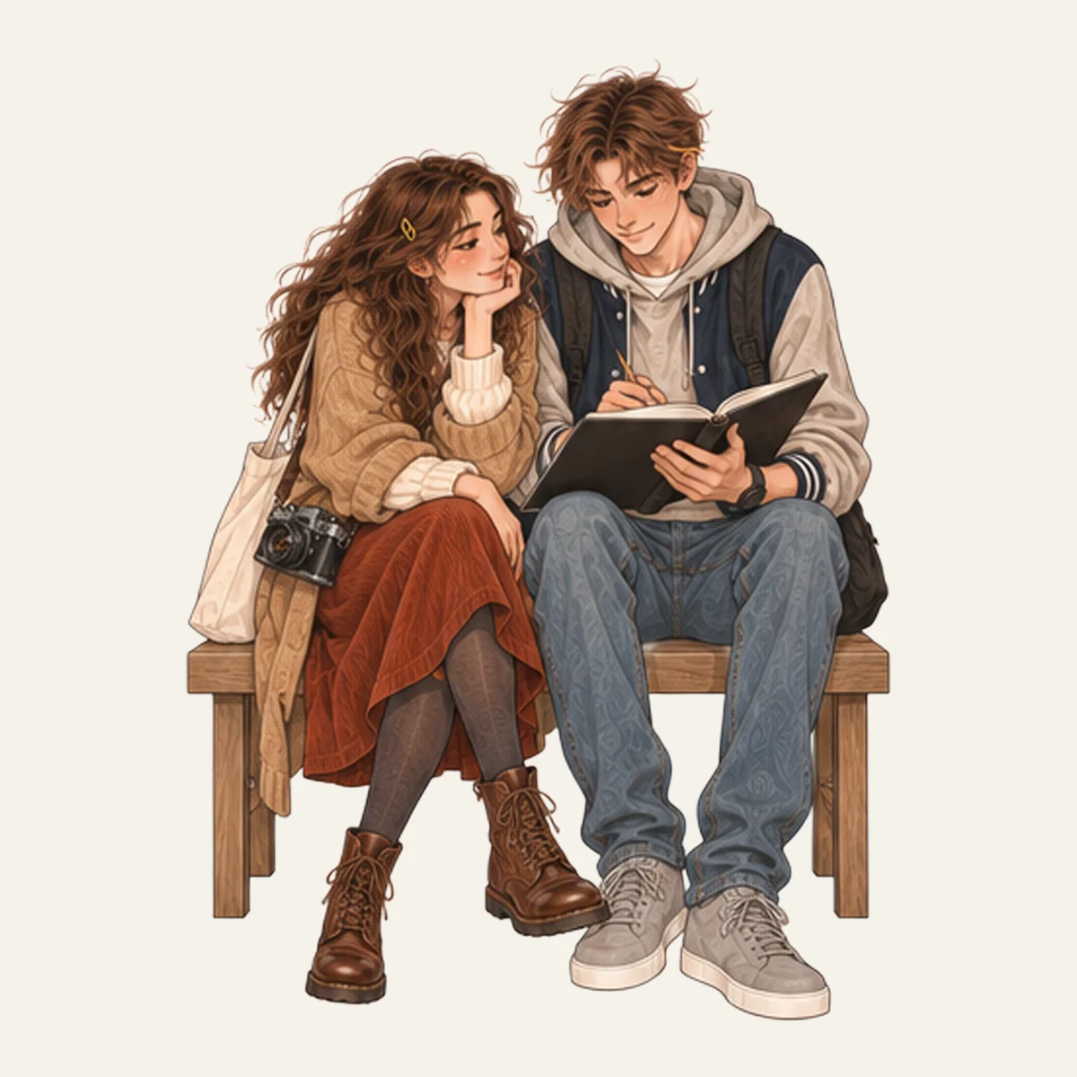 Mila and Leo on a bench, Leo showing her his sketchbook
