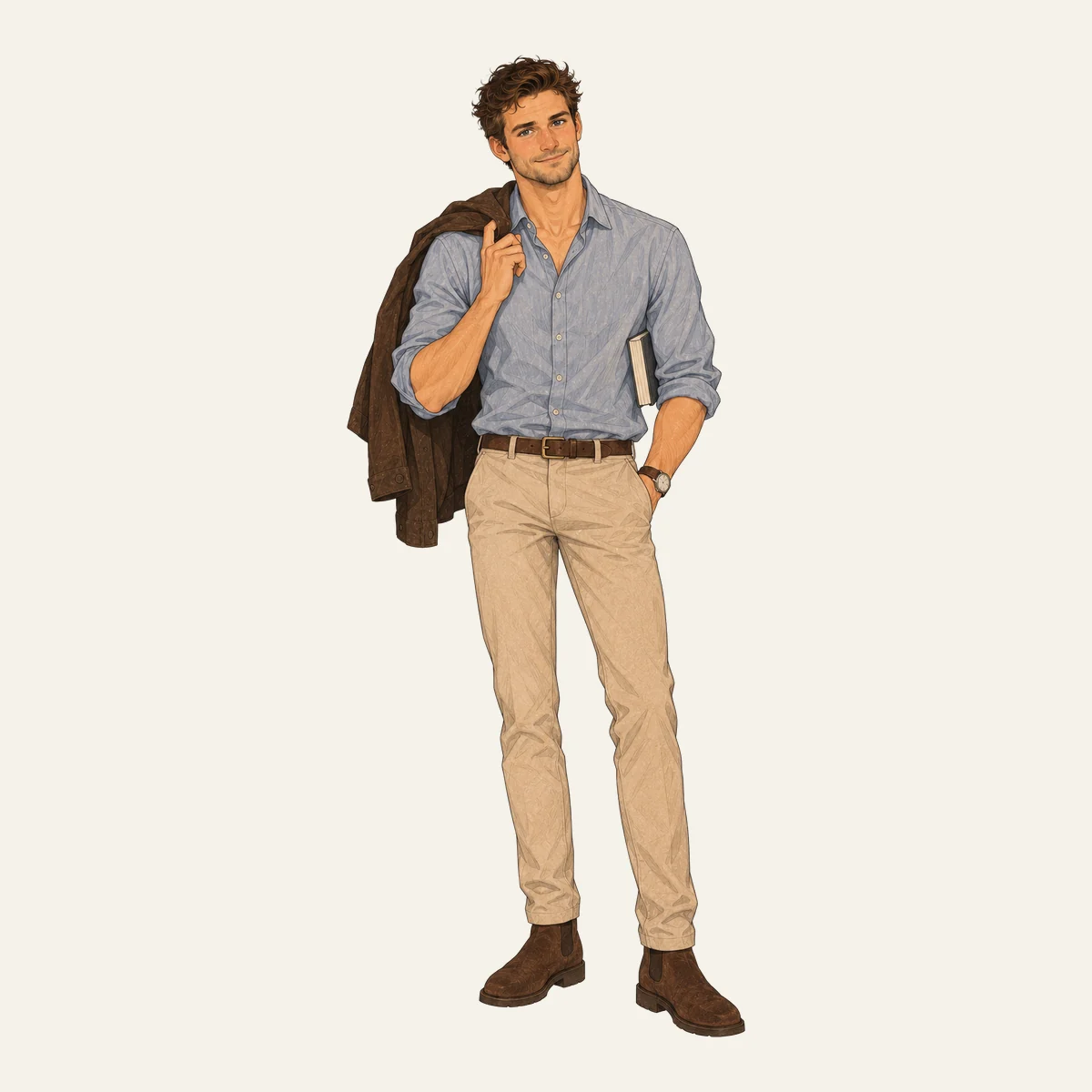 Sam in a light blue shirt and light pants, his jacket over his shoulder