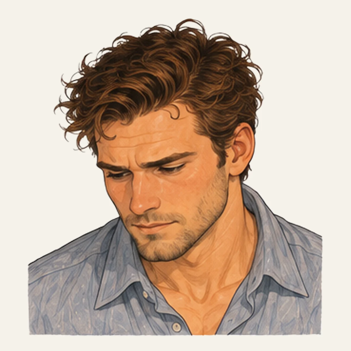 Sam looking down, tired and thoughtful