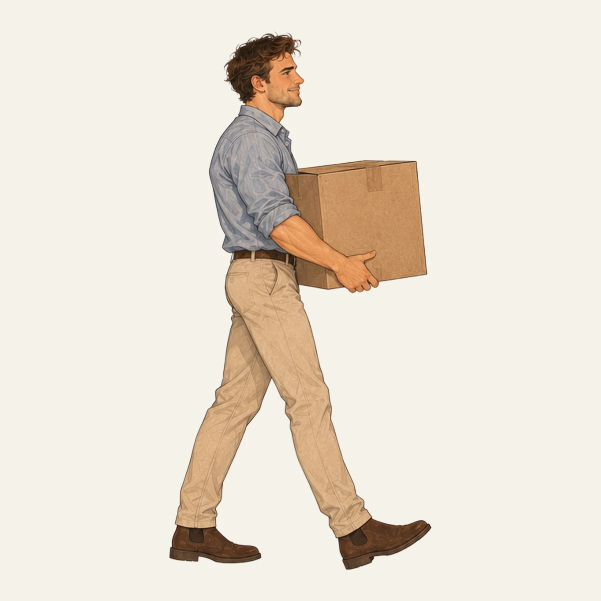 Sam carrying a moving box
