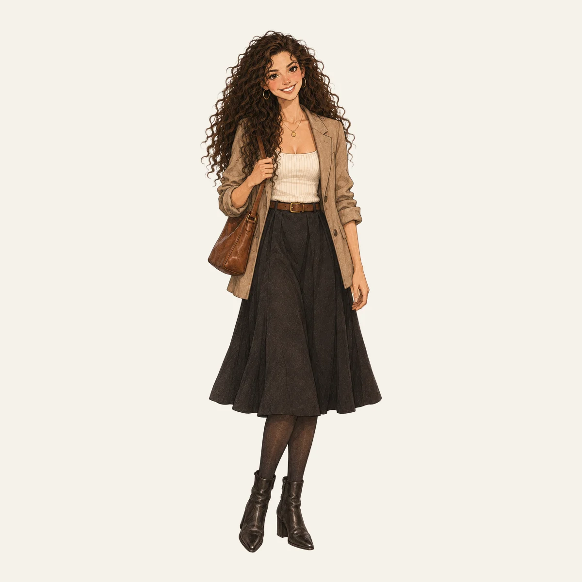 Victoria with long dark curls in a beige blazer and a long dark skirt
