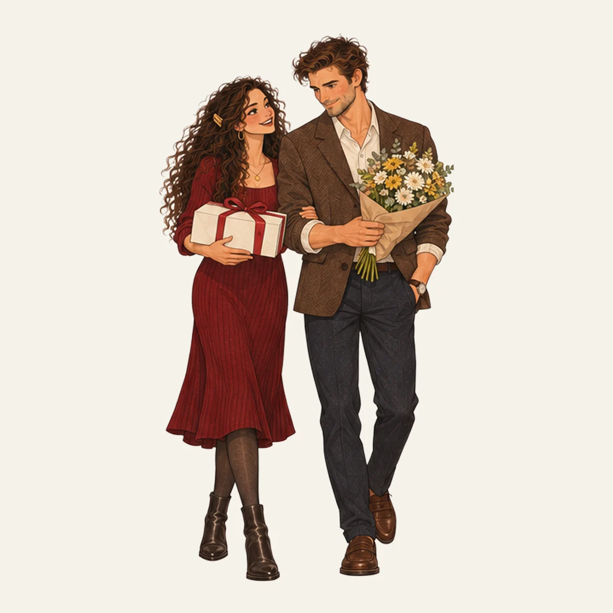 Victoria with a present and Sam with flowers, dressed up