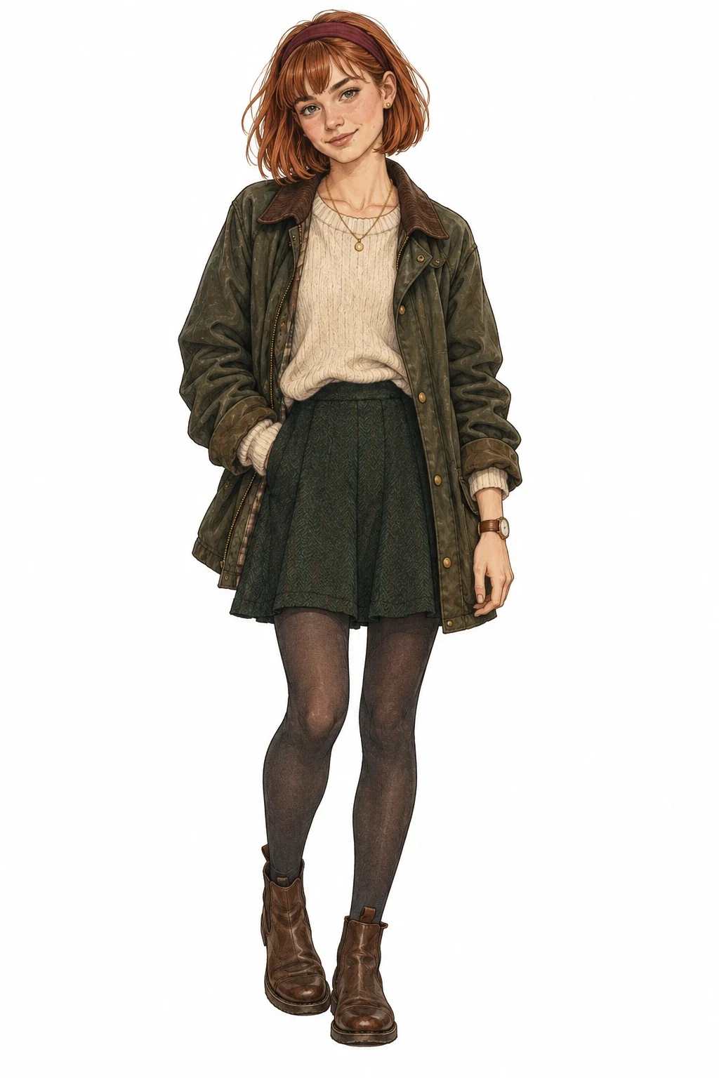 Nora in her father's waxed jacket, hands in the pockets