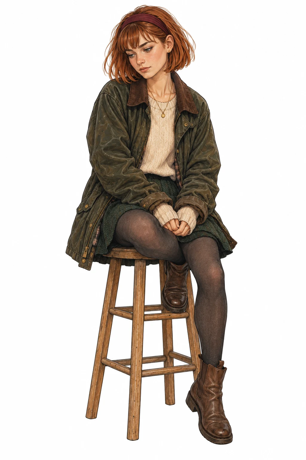 Nora sitting on a wooden stool, sleeves pulled over her hands