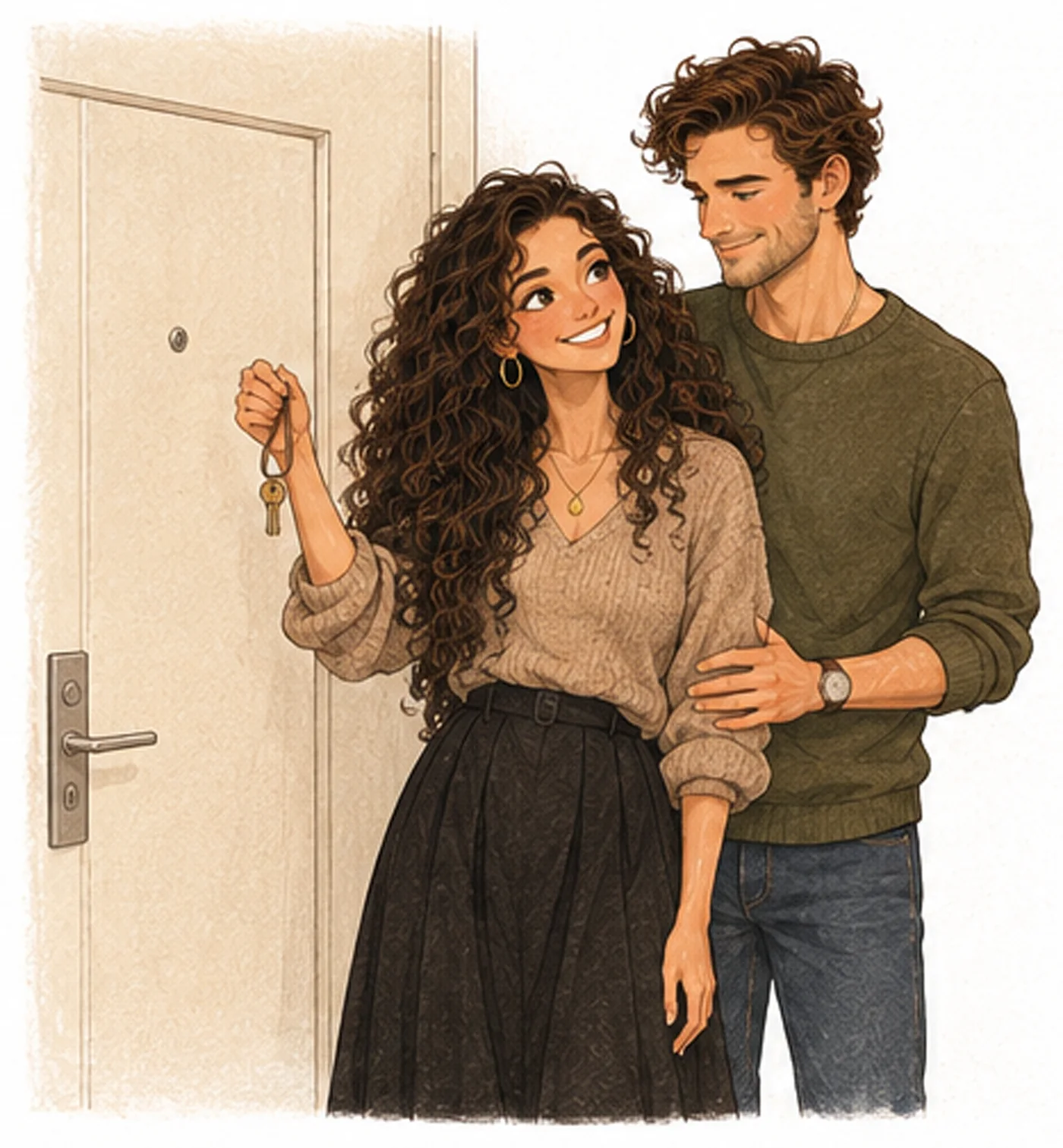 Victoria holds up the new key at the apartment door, Sam stands behind her, smiling