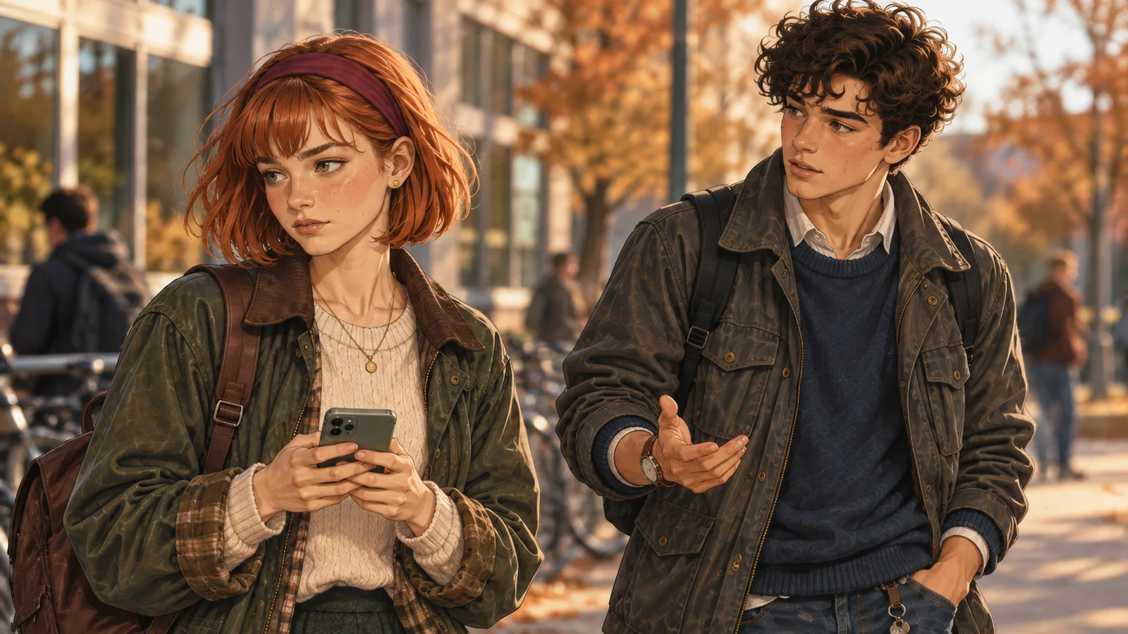Nora reading a message on her phone, Alex talking beside her; fall outside school