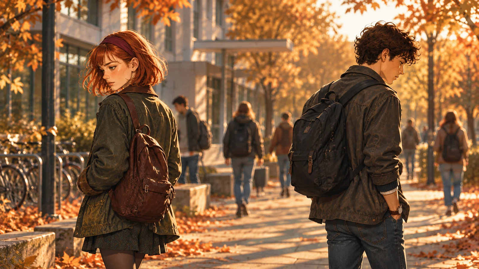 Nora and Alex walking off in different directions outside school, both looking down